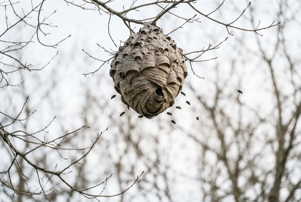 Nid ovale de frelon asiatique en papier gris accroché dans les branches nues d un arbre, ouverture sur le côté