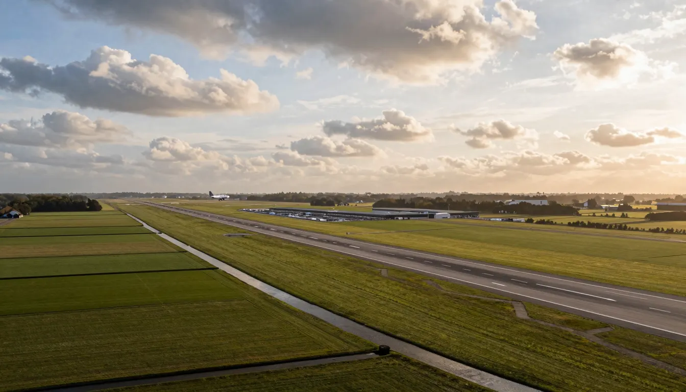 Vue aérienne d'un grand aéroport européen au coucher du soleil, longues pistes parallèles traversant des polders verts quadrillés de canaux, avion blanc en approche, ciel doré