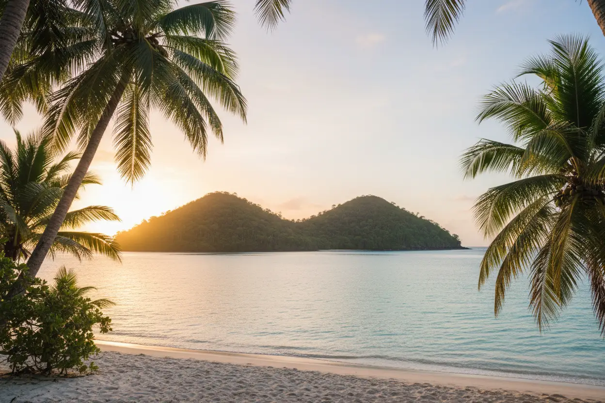 Petite île tropicale boisée aux deux collines vue depuis une plage de sable au lever du soleil, eau turquoise, cocotiers en premier plan, ciel doré, aucune présence humaine