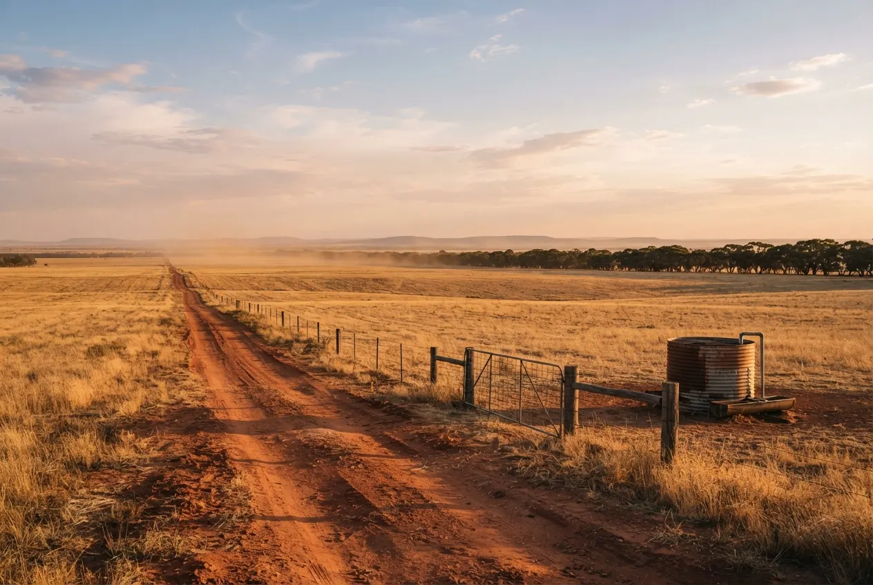 Piste de terre rouge traversant des champs dorés de l'intérieur australien en fin d'après-midi, barrière métallique de ferme et citerne d'eau en tôle ondulée, rideau d'eucalyptus au loin, ciel vaste et lumière chaude, aucune présence humaine