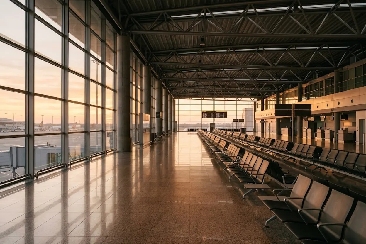 Hall de départ d'un aéroport européen désert à l'aube, lumière dorée traversant de hautes baies vitrées, rangées de sièges vides, tableau d'affichage des vols au loin, sol poli, aucune présence humaine
