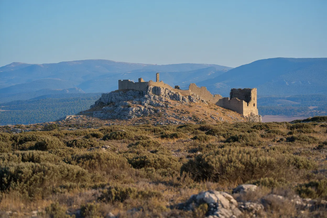 Forteresse médiévale en ruine perchée sur une crête calcaire des Corbières, dans l'Aude, lumière dorée de fin de journée sur les remparts et les montagnes environnantes