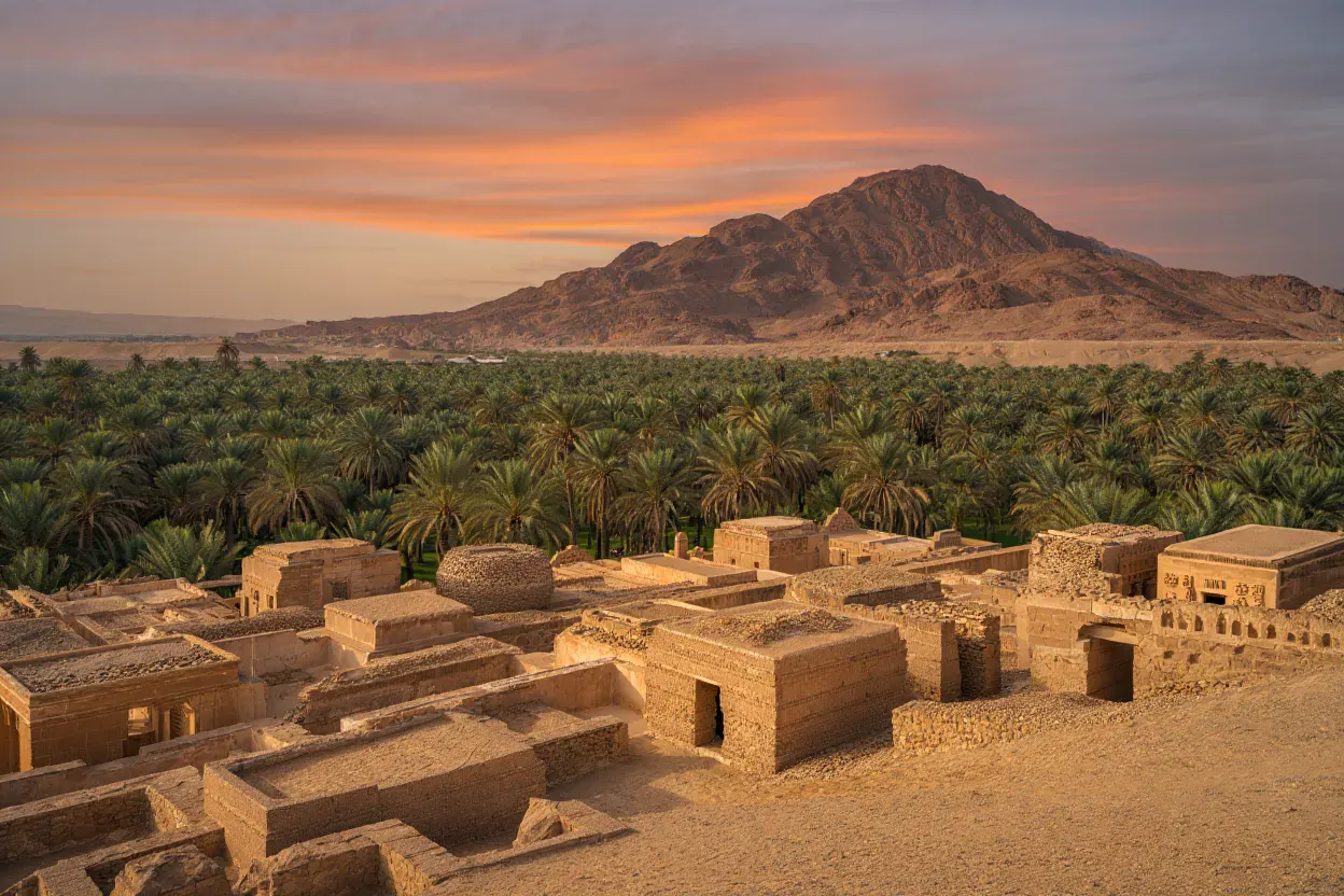 Oasis d'Al Ain au lever du soleil, palmiers dattiers et vestiges de pierre au premier plan, montagne Jebel Hafit à l'horizon, lumière dorée du désert