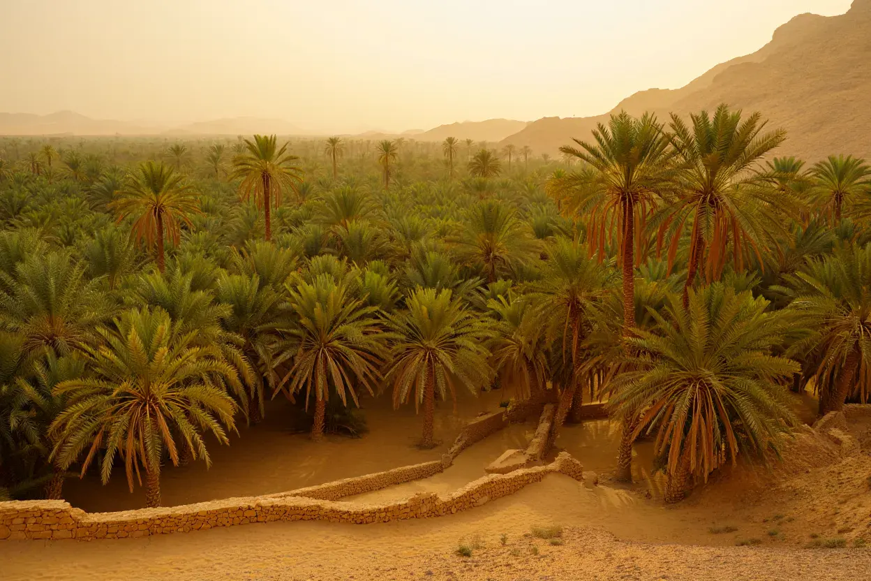 Palmeraie dense d'une oasis du désert d'Arabie à la lumière dorée, murets de pierre et canaux d'irrigation au premier plan, montagne calcaire au fond, sans personne