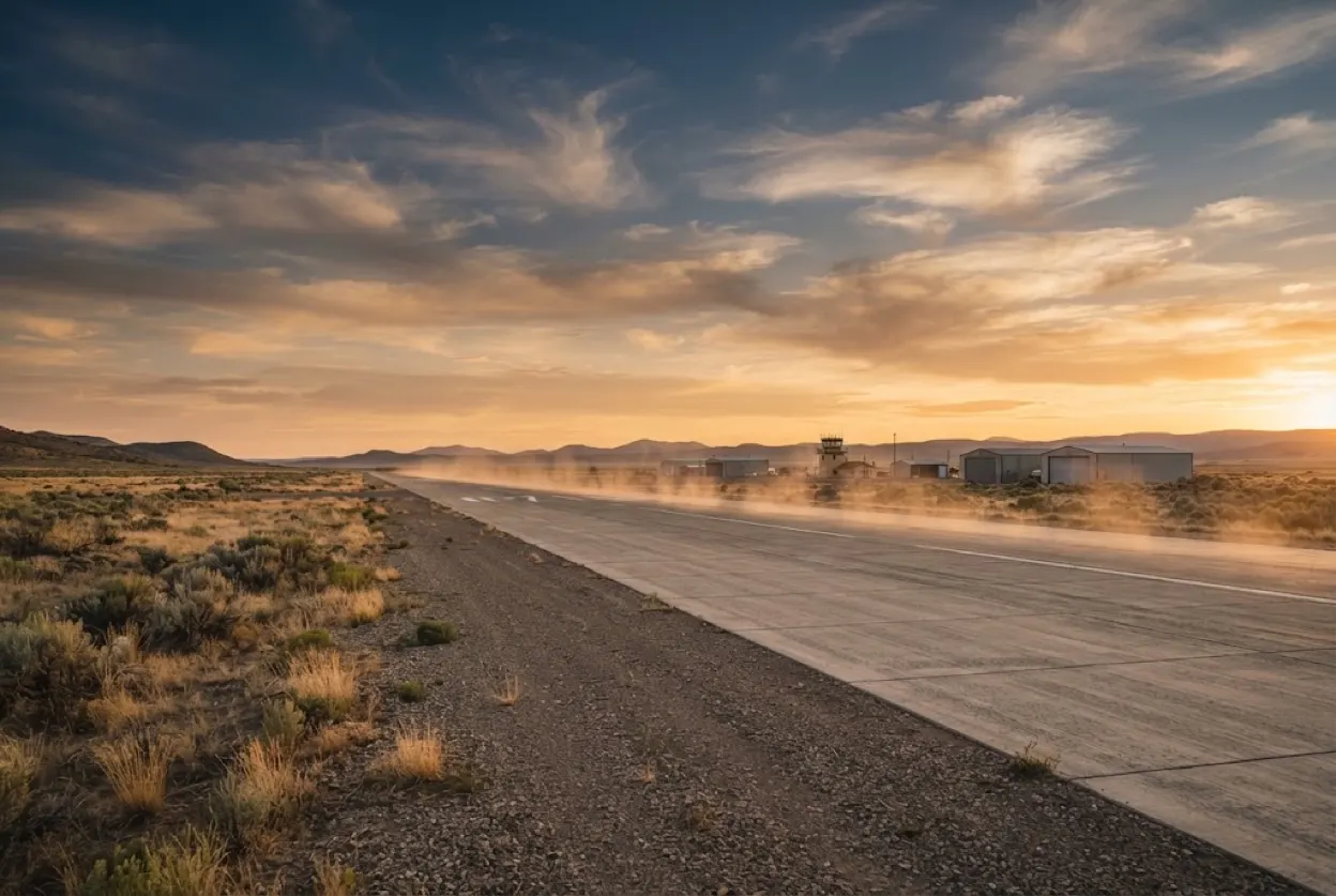 Longue piste de béton vide d'un aéroport régional américain filant vers un horizon de broussailles semi-désertiques, hangars et petite tour de contrôle au loin, ciel doré strié de cirrus, aucune présence humaine