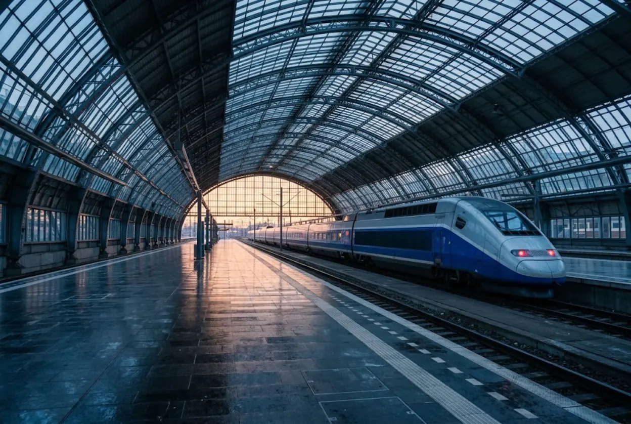 Quai de gare européen au petit matin, rame à grande vitesse à l'arrêt sous une verrière métallique, reflets bleutés sur le carrelage, quai désert, aucune présence humaine