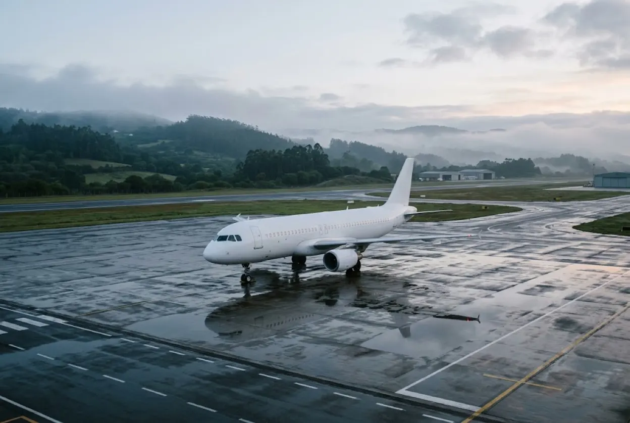 Avion de ligne blanc entièrement dépourvu de livrée, stationné seul sur un tarmac mouillé au lever du jour, collines vertes et brume atlantique en arrière-plan, aucune présence humaine