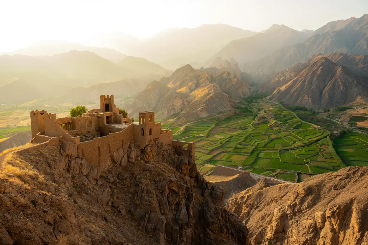 Ruines d'une forteresse de montagne perchée sur une crête rocheuse dans les monts Alborz du nord de l'Iran, vallée verdoyante en contrebas, lumière dorée de fin d'après-midi