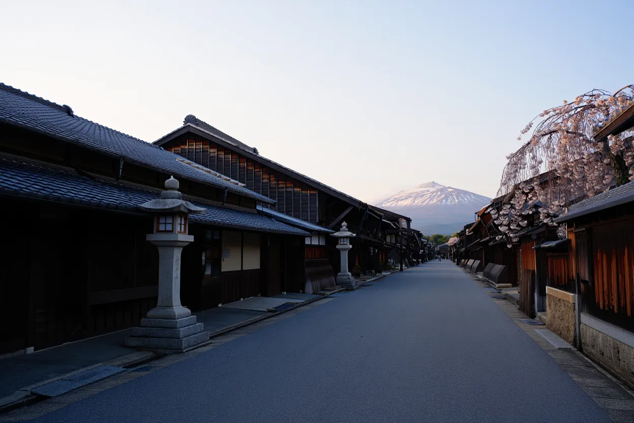 Ruelle traditionnelle japonaise au petit matin, lanternes de pierre et maisons de bois, mont enneigé à l'horizon, lumière douce et aucune foule