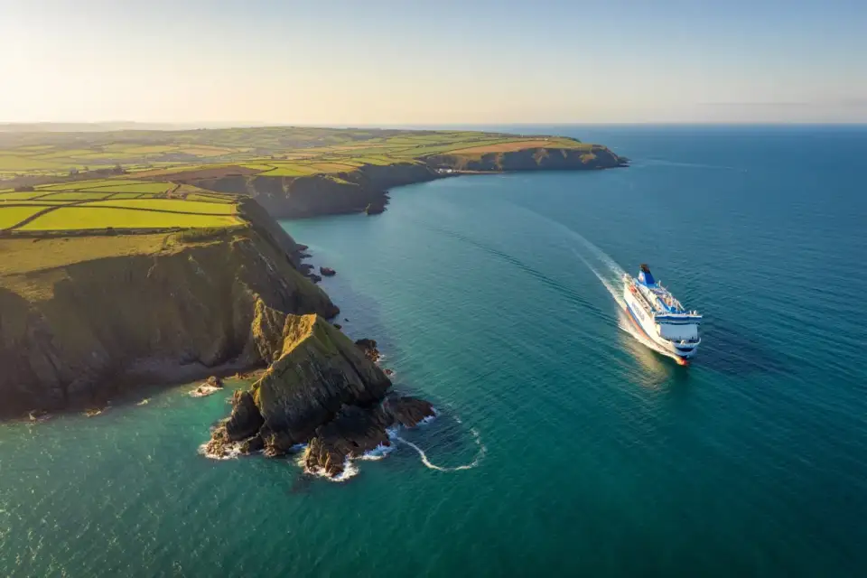 Vue aérienne de la côte de Jersey avec ses falaises granitiques, la mer turquoise et un ferry au large