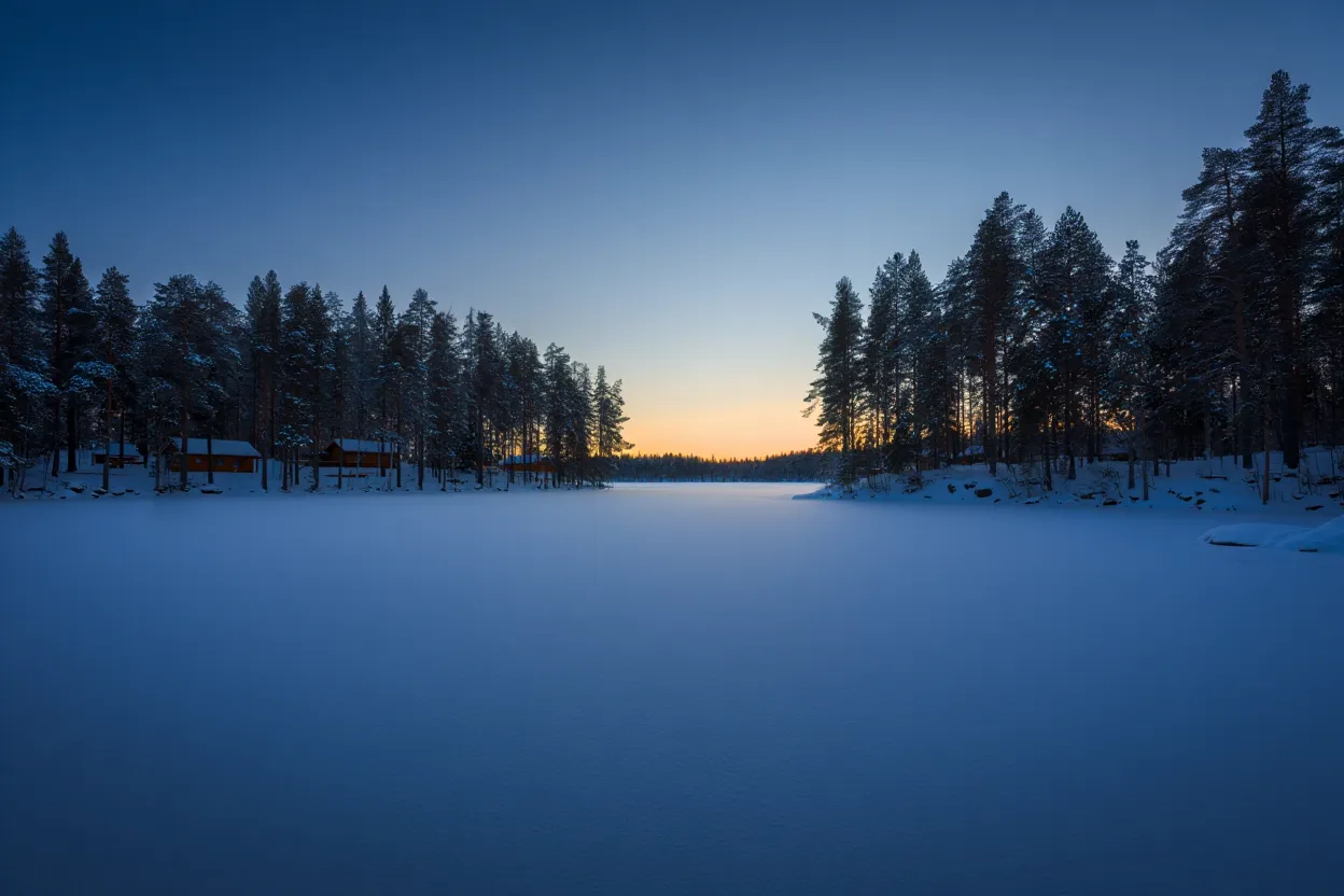 Forêt de conifères enneigée et lac gelé du Kainuu en Finlande sous un ciel crépusculaire bleuté, aucune présence humaine