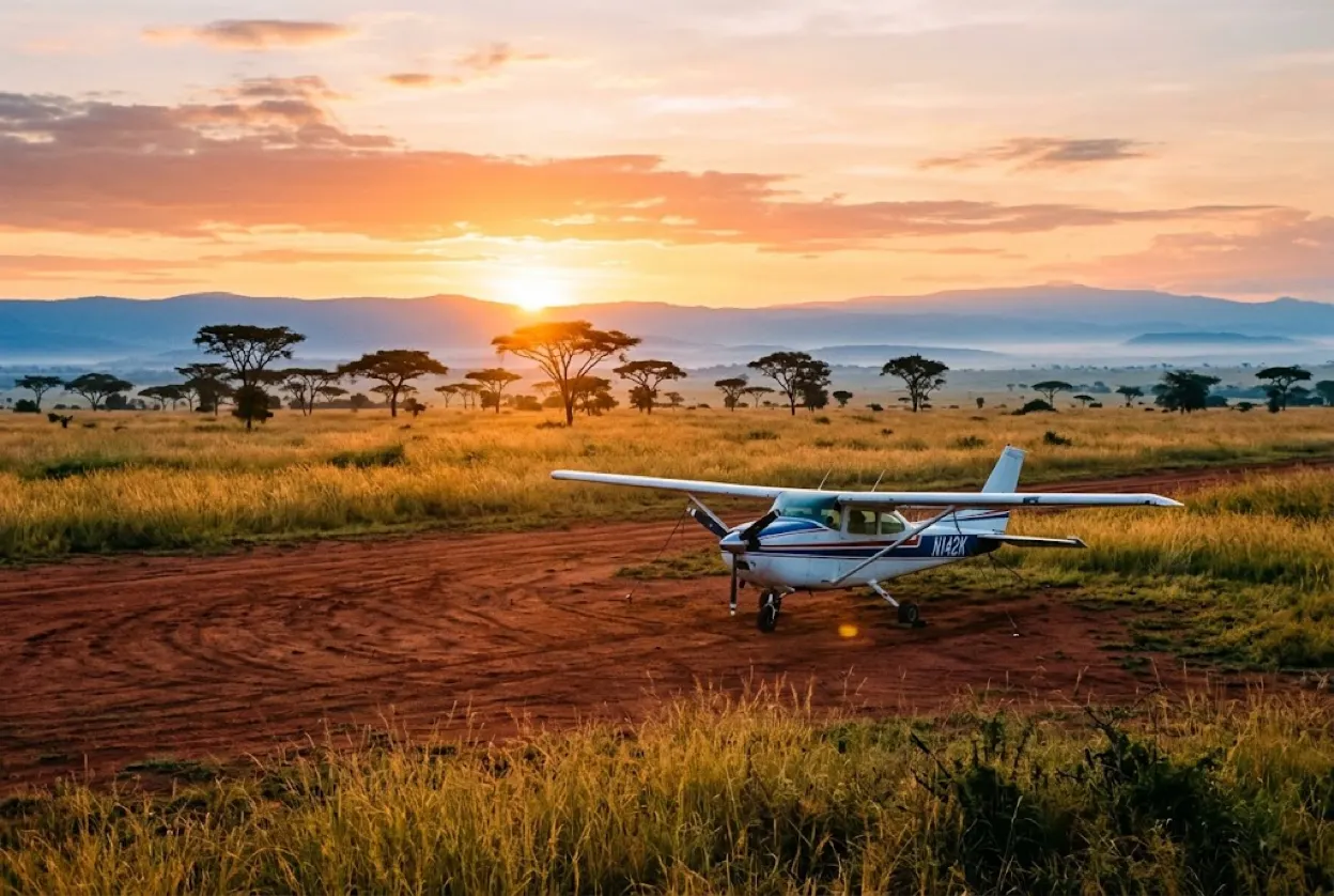 Petit avion à hélices posé sur une piste de terre rouge en pleine savane est-africaine au lever du jour, acacias en silhouette et collines dans la brume, aucune présence humaine