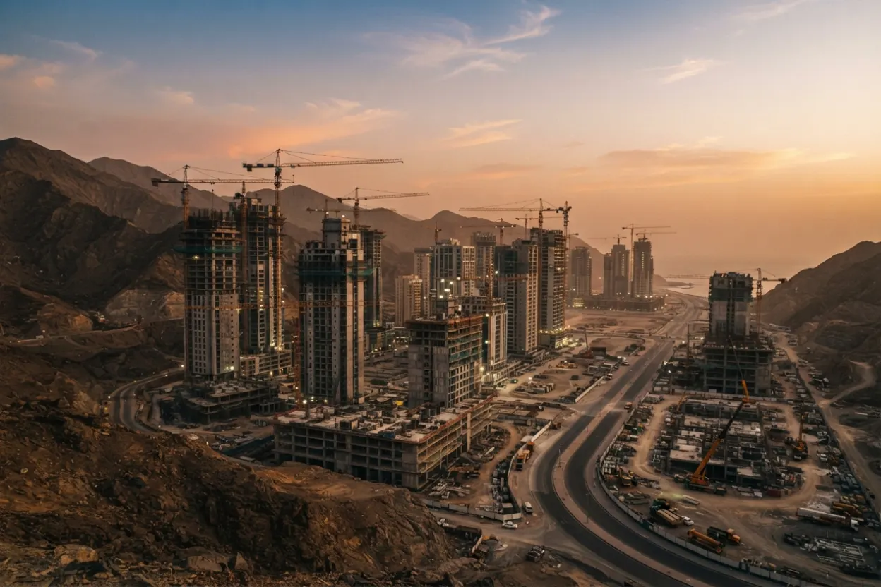 Quartier de tours hôtelières modernes en construction dans une vallée rocheuse aride de la péninsule Arabique, grues de chantier en silhouette, collines brunes, lumière dorée de fin de journée, aucune présence humaine