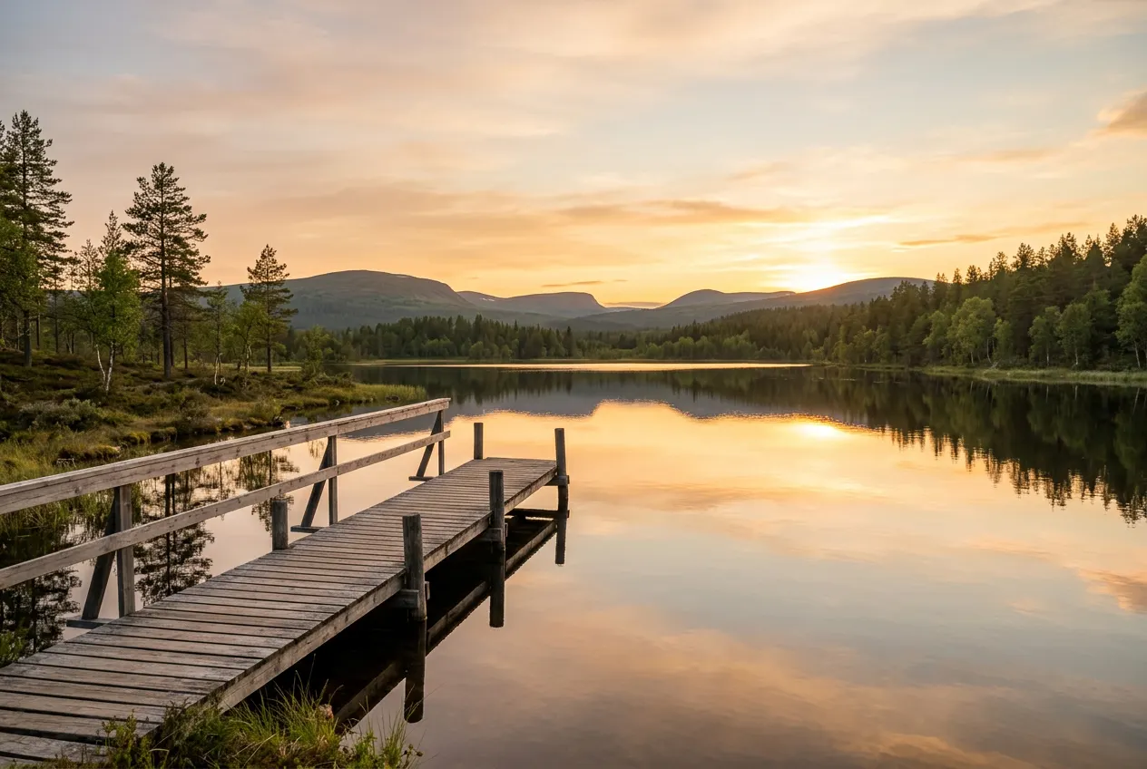 Lac forestier de Laponie finlandaise en été, ponton de bois désert au premier plan, eau parfaitement lisse reflétant un ciel ambre, forêt de pins et de bouleaux, collines arrondies à l'horizon, lumière rasante de fin de nuit, aucune présence humaine