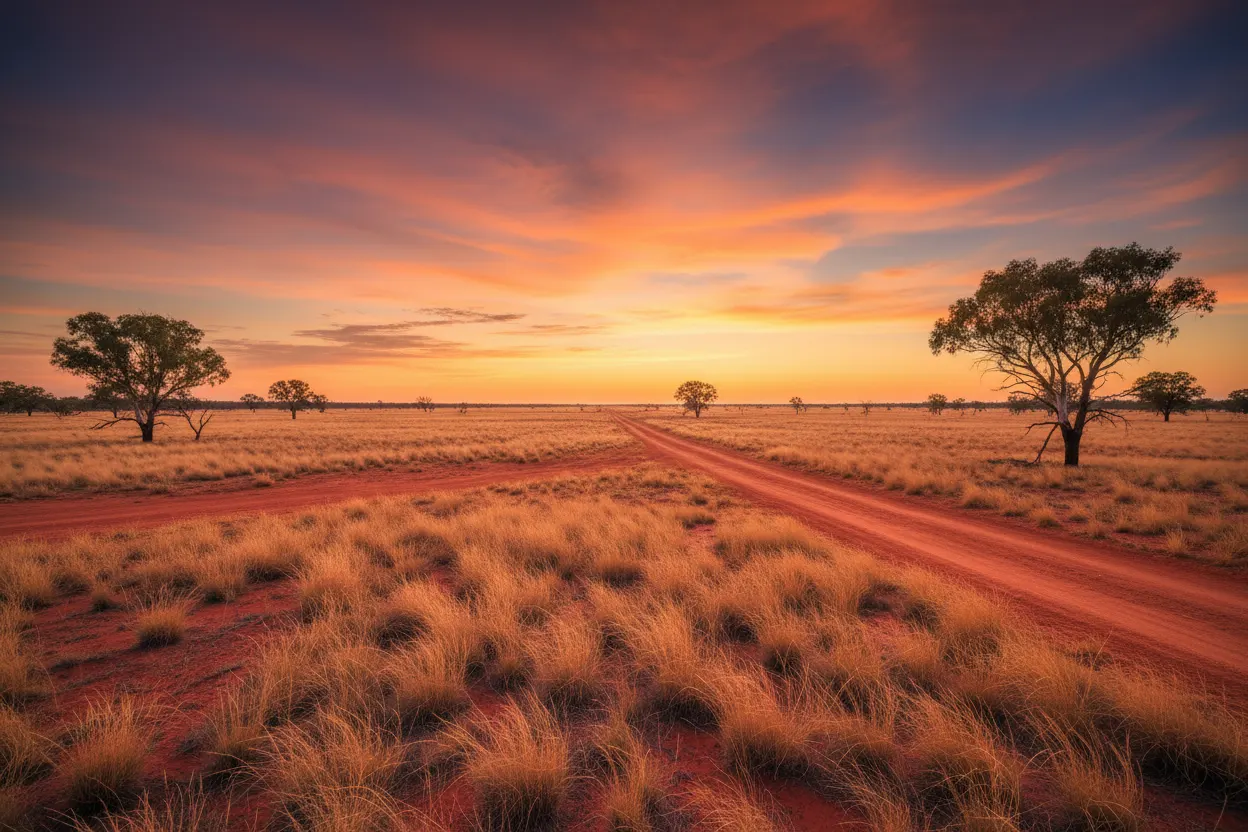Plaine de l'Outback du Queensland au lever du jour, terre rouge et touffes d'herbe dorée, piste de terre filant vers un horizon parfaitement plat, eucalyptus isolés, ciel ambre et violet, aucune présence humaine
