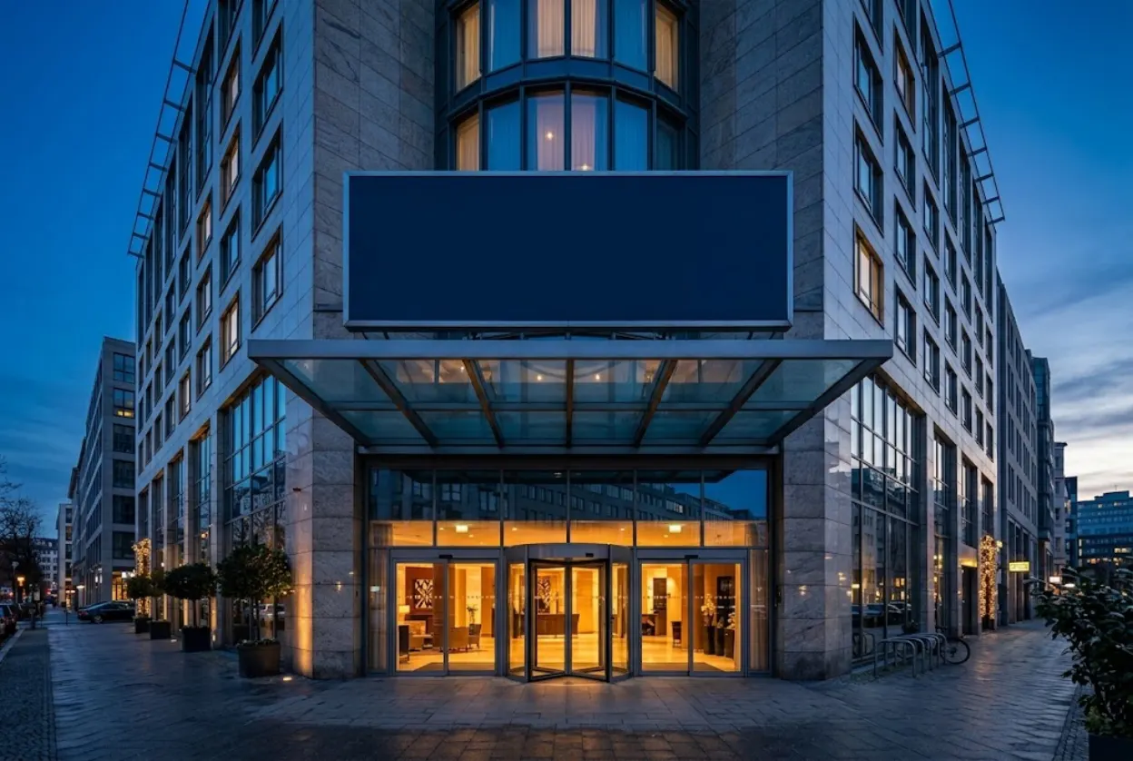 Façade d'un grand hôtel urbain à l'aube, enseigne lumineuse éteinte au-dessus de l'auvent, portes vitrées reflétant la rue vide, lumière bleutée avant le lever du jour, aucune présence humaine
