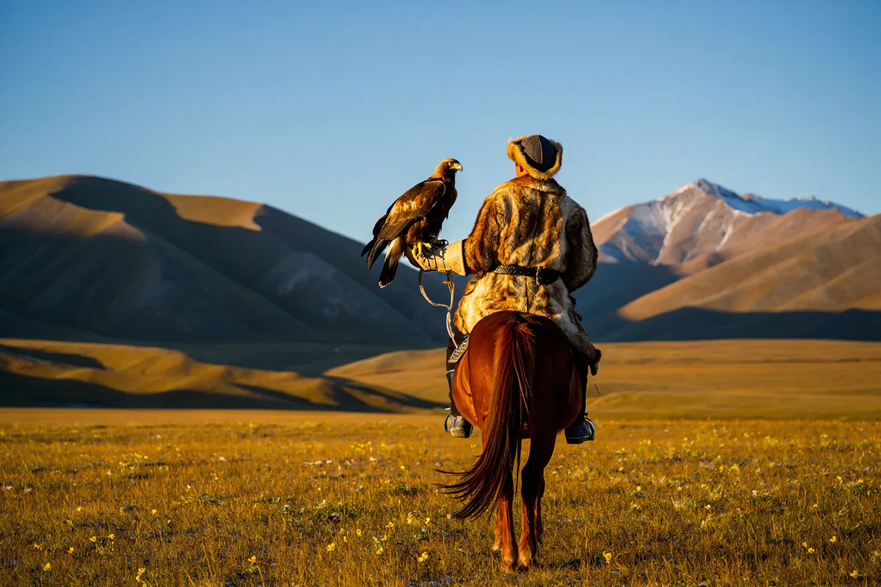 Aiglier kazakh à cheval vu de dos, aigle royal posé sur le bras, dans les steppes dorées de l'Altaï mongol avec les montagnes en toile de fond