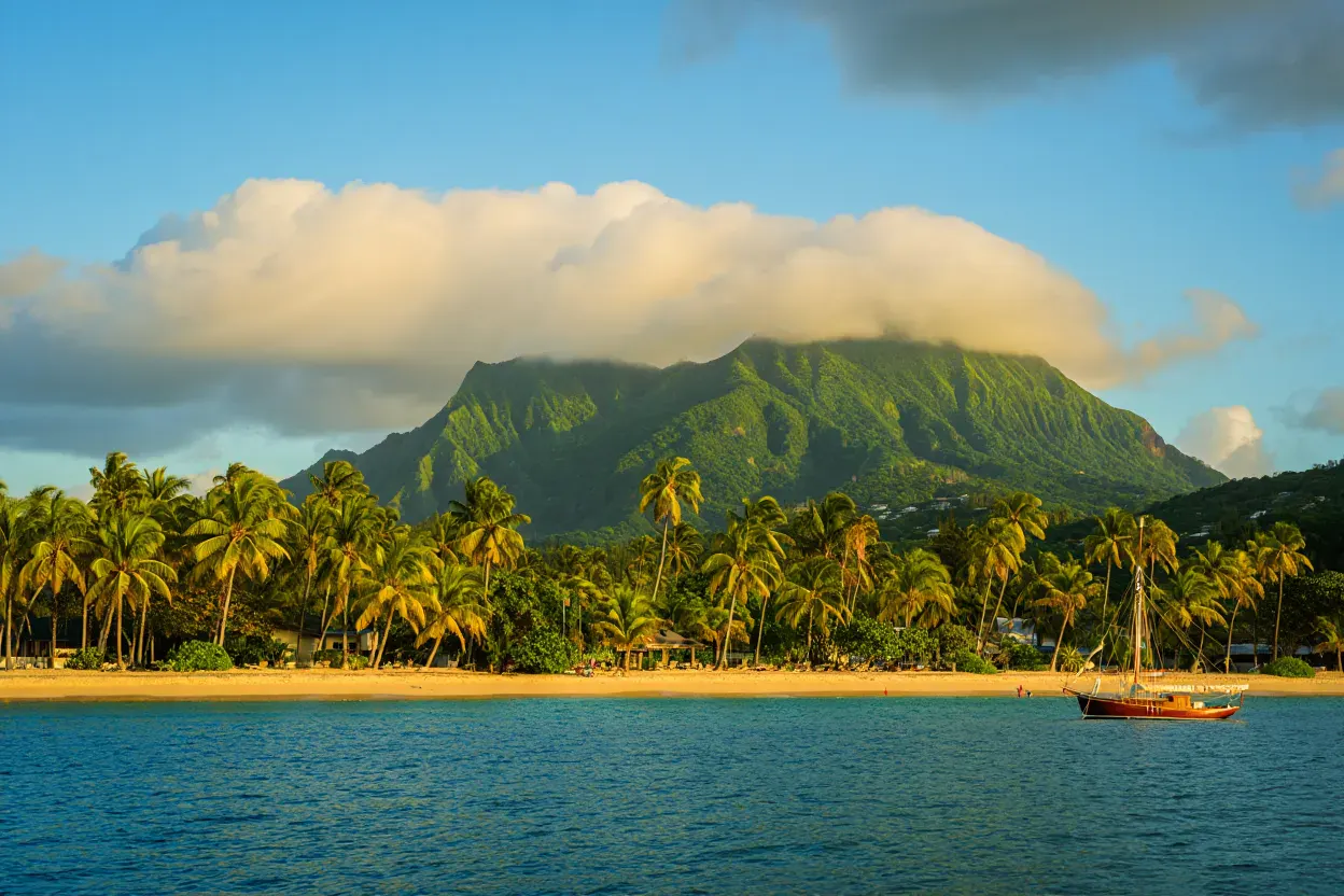 Plage de sable doré bordée de cocotiers à Nevis, avec le pic volcanique couvert de nuages en arrière-plan et la mer des Caraïbes turquoise, sans personne