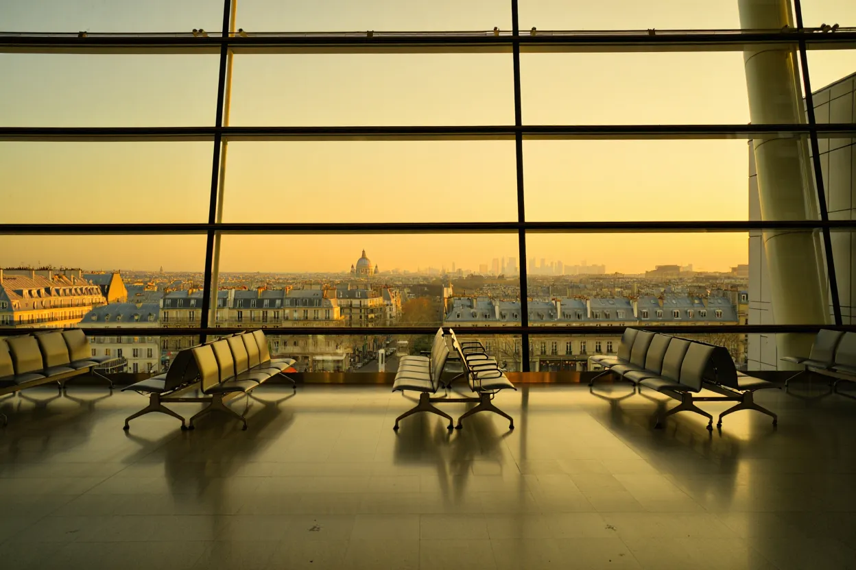 Toits de Paris au lever du soleil vus depuis la baie vitrée d'un terminal d'aéroport, lumière dorée sur les immeubles haussmanniens