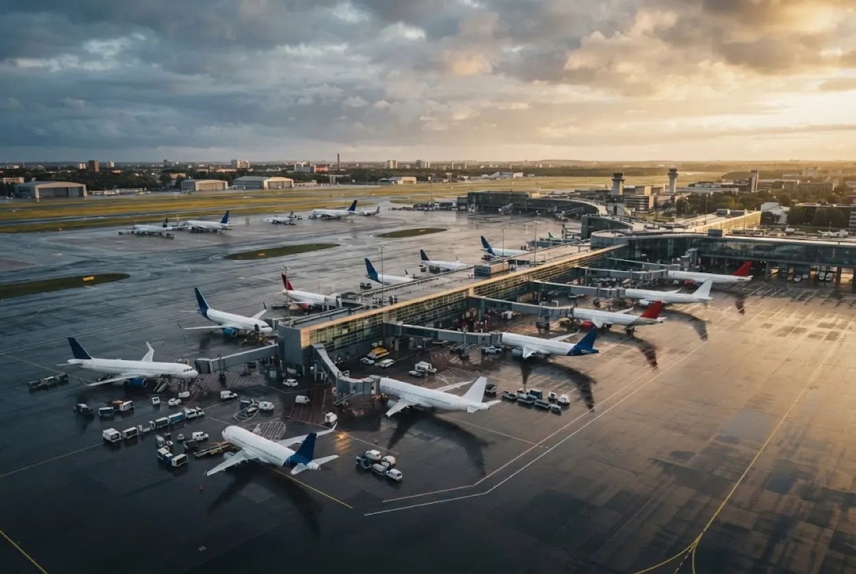 Vue aérienne d'un tarmac d'aéroport nord-européen en fin de journée, rangées d'avions moyen-courriers stationnés aux passerelles, postes long-courriers vides à l'arrière-plan, piste mouillée réfléchissant une lumière dorée, aucune présence humaine