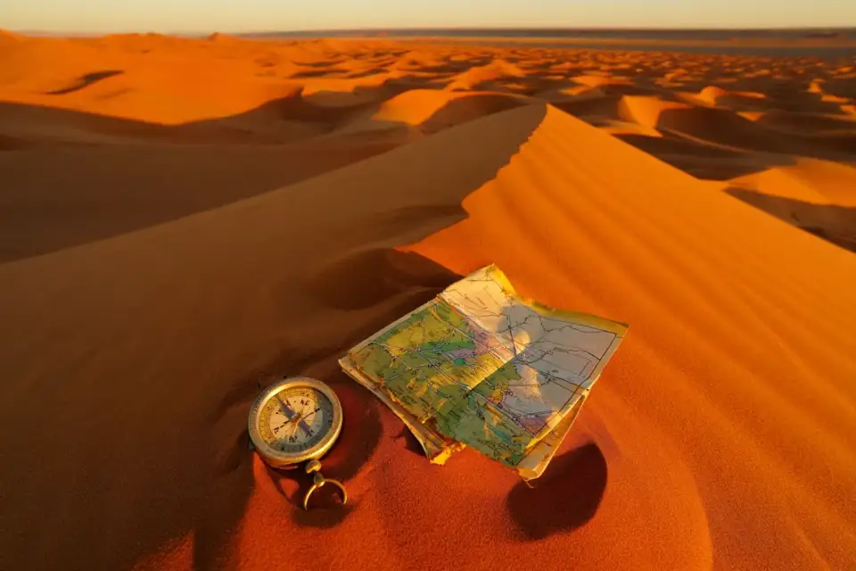 Dunes du Sahara marocain au lever du soleil, traces de pas dans le sable
