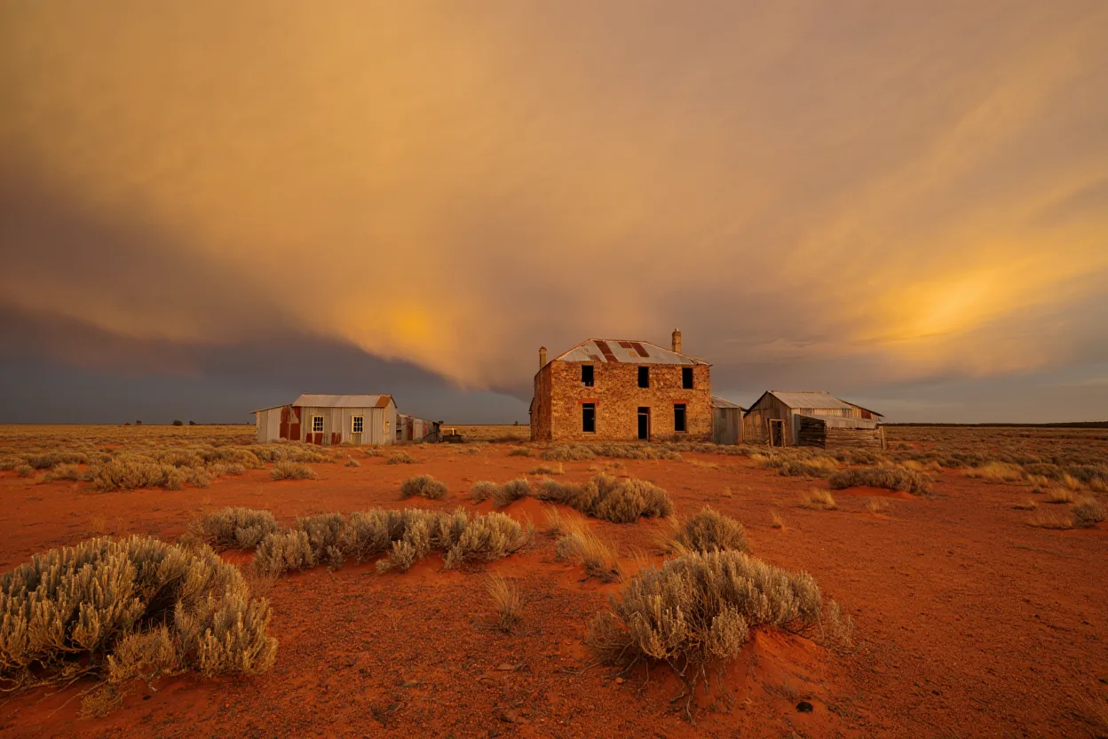 Vieux hôtel de pierre et bâtiments de tôle rouillée d'un village fantôme au milieu d'une vaste plaine de désert rouge dans l'outback australien, lumière dorée de fin de journée, ciel immense, aucune présence humaine