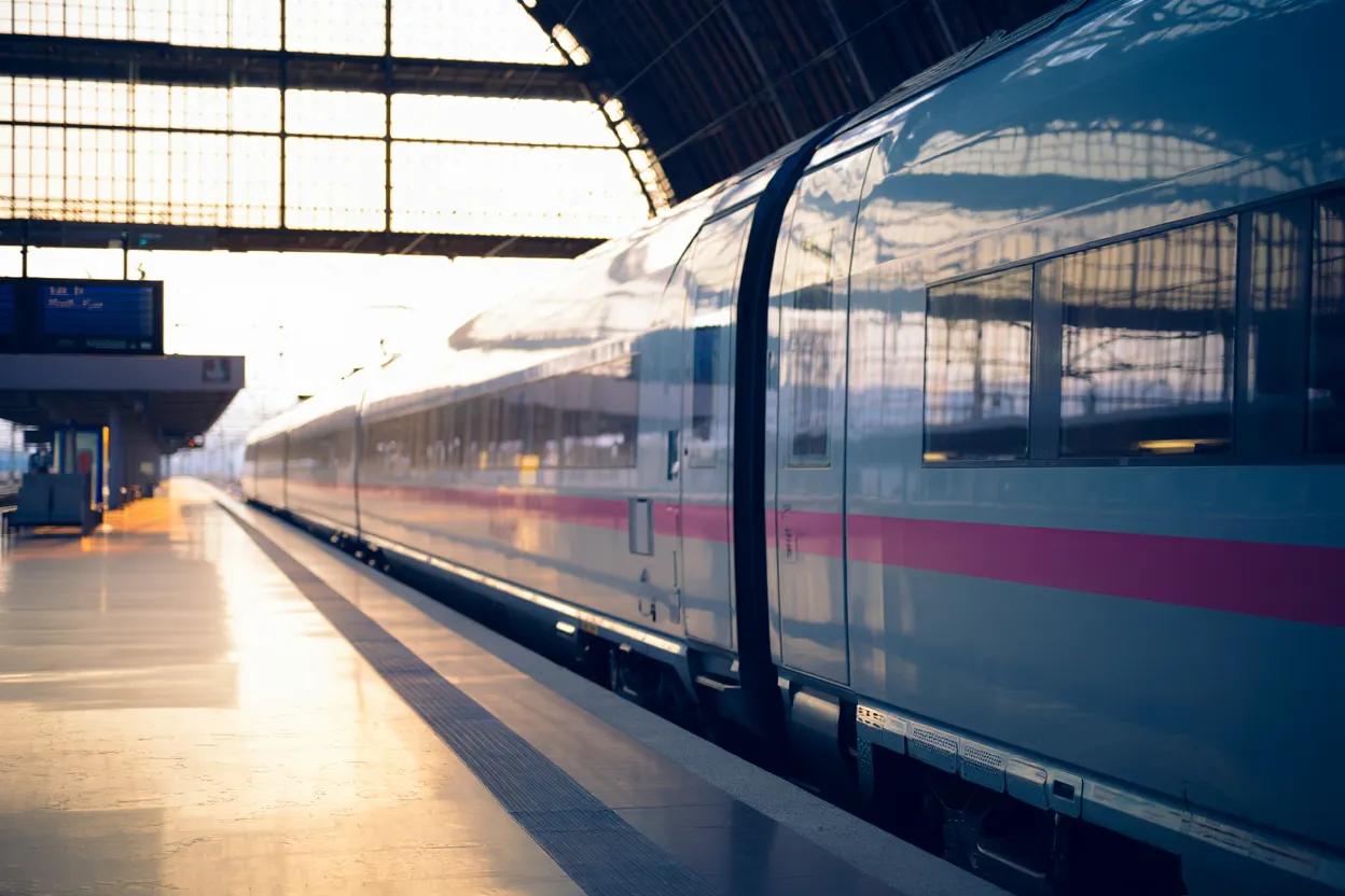 Train à grande vitesse à quai dans une gare française à l'aube, lumière dorée sur le quai désert