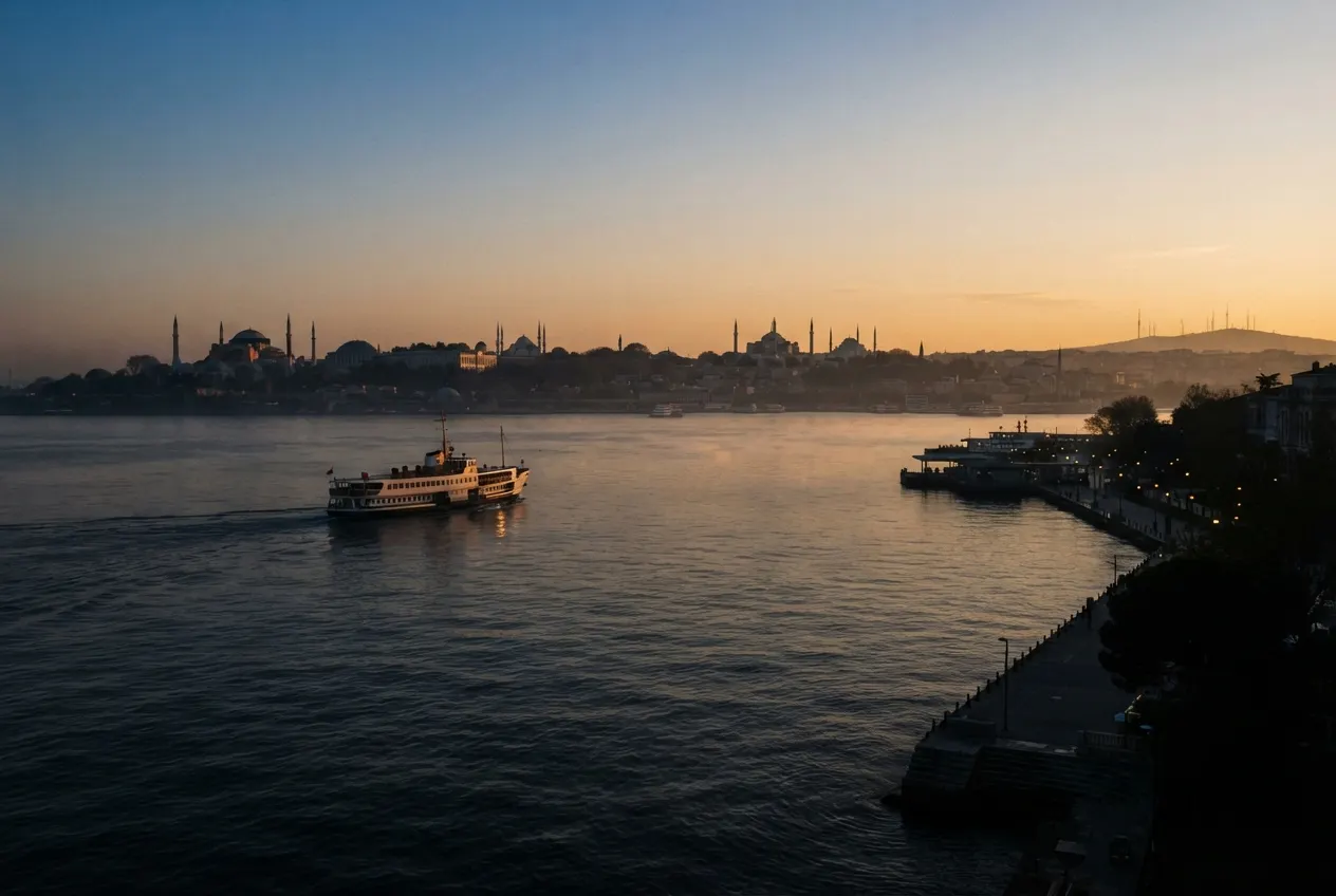 Le détroit du Bosphore à l'aube vu depuis la rive asiatique d'Istanbul, silhouettes de dômes et de minarets sur l'autre rive, un ferry traversant l'eau calme, lumière dorée et bleutée du petit matin, aucune présence humaine